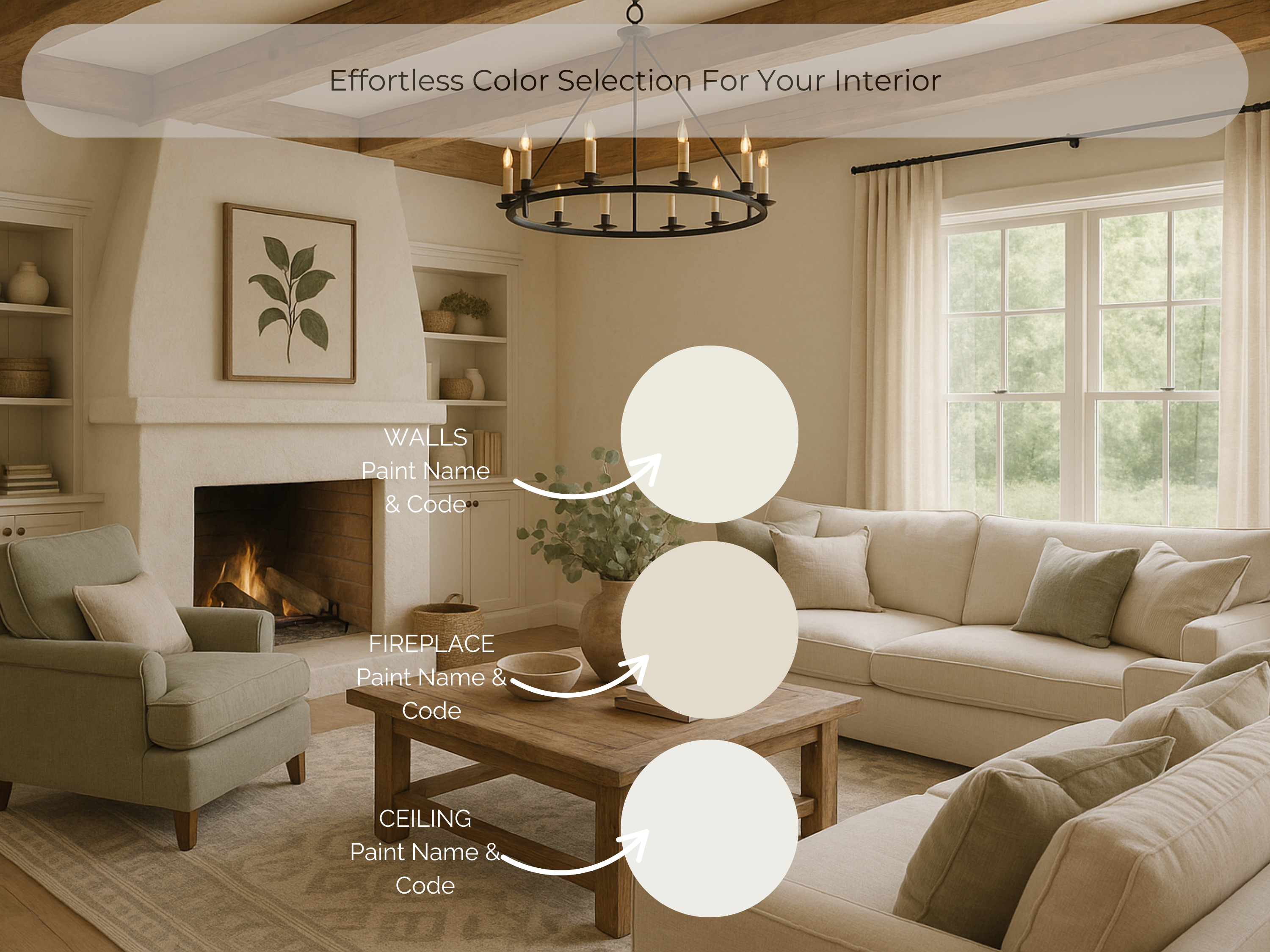 Living room with beige walls, sofa, and armchair, featuring a fireplace and large window.