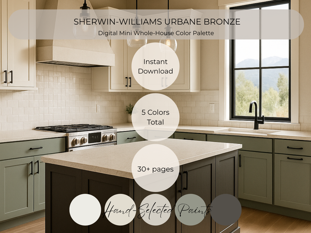 Modern kitchen with Sherwin-Williams Urbane Bronze color palette displayed.