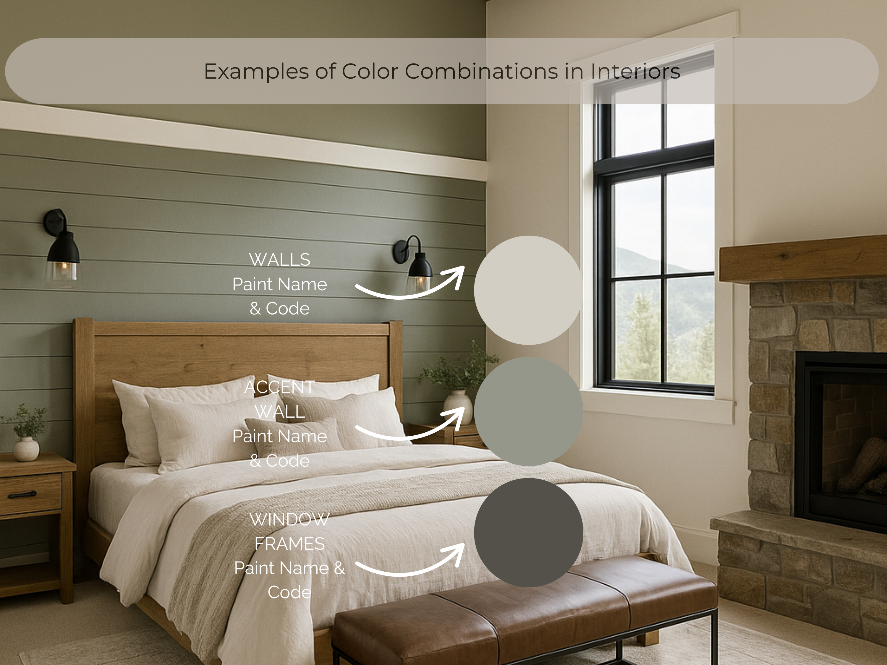 Bedroom with color swatches and paint name labels, featuring a fireplace and large window.