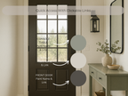 Foyer with a dark front door, console table, and wall color swatches.