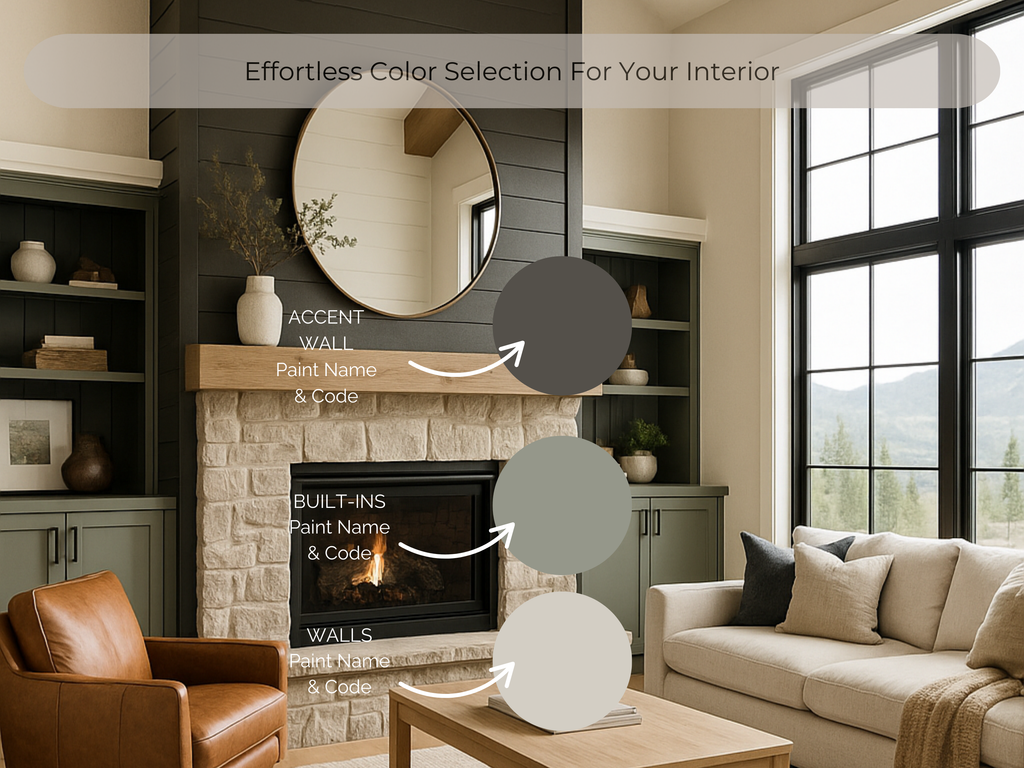 Living room with a fireplace, shelves, and a couch, featuring text on color selection.