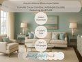 Living room with beige sofa, armchair, and coffee table, featuring Sherwin-Williams Quietude color palette.