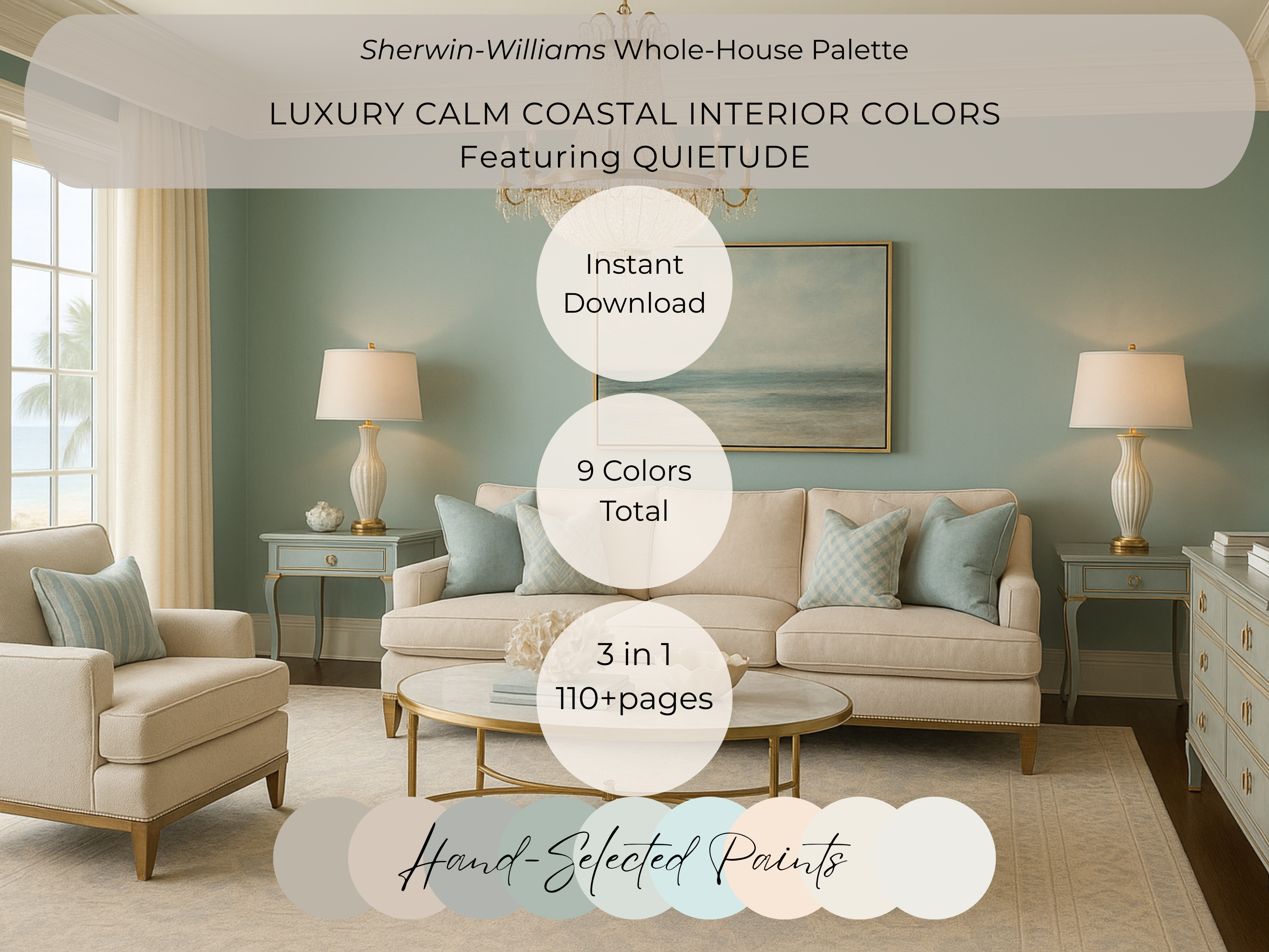 Living room with beige sofa, armchair, and coffee table, featuring Sherwin-Williams Quietude color palette.
