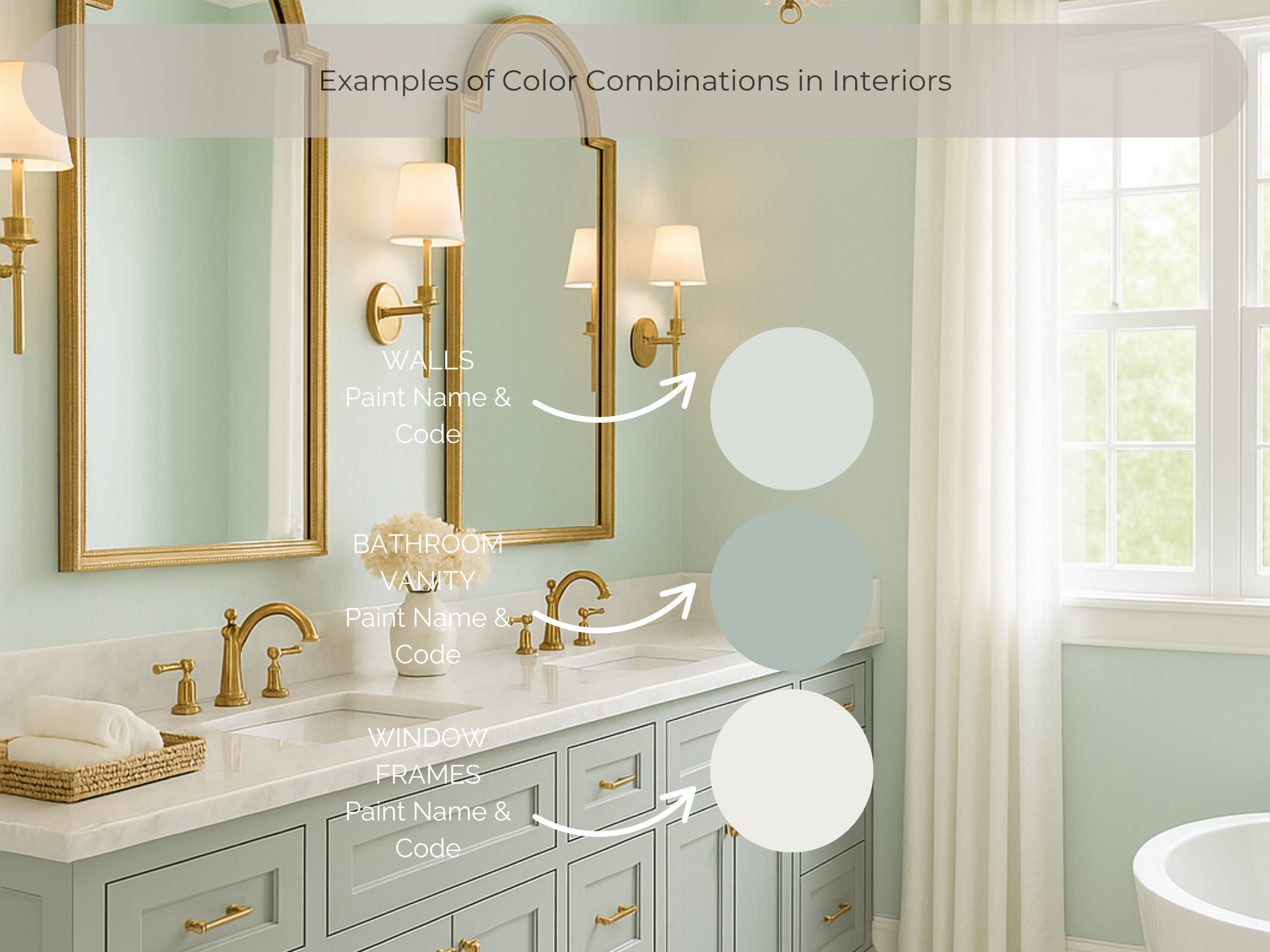 Bathroom interior with color swatches and paint name codes overlaid