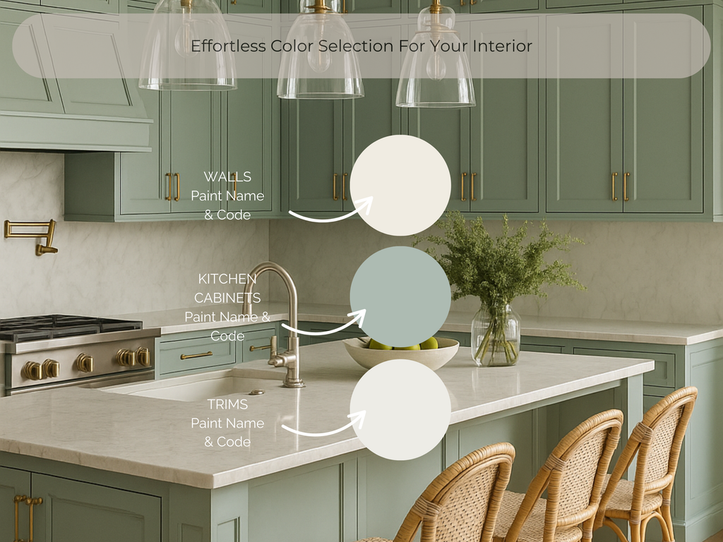 Modern kitchen with green cabinets and white countertops, featuring paint color selection information.