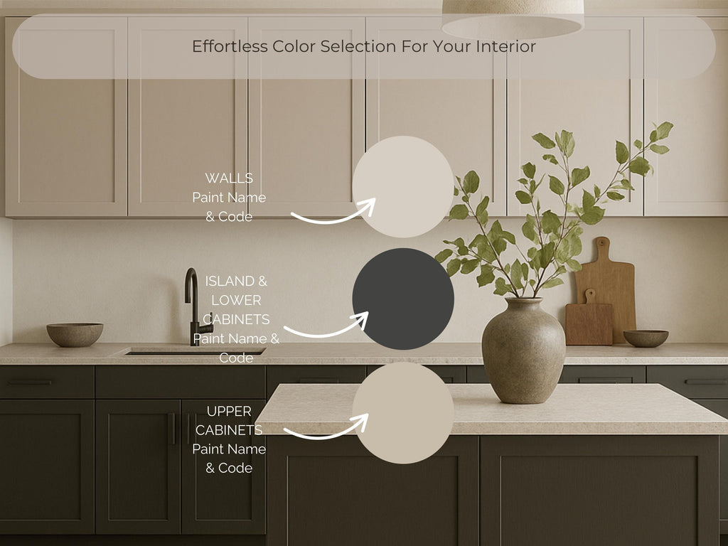 Kitchen interior with labeled paint color options for walls, island, and cabinets.